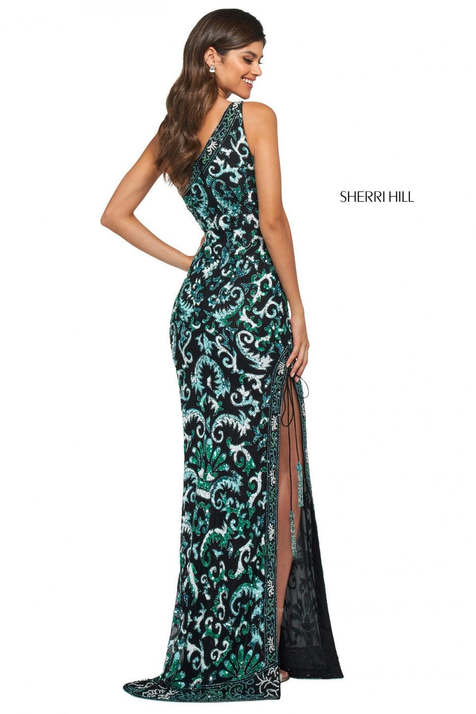 Sherri Hill Pattern Beaded Column Dress With Skirt Slit With Tassel Tie And One Shoulder Neckline