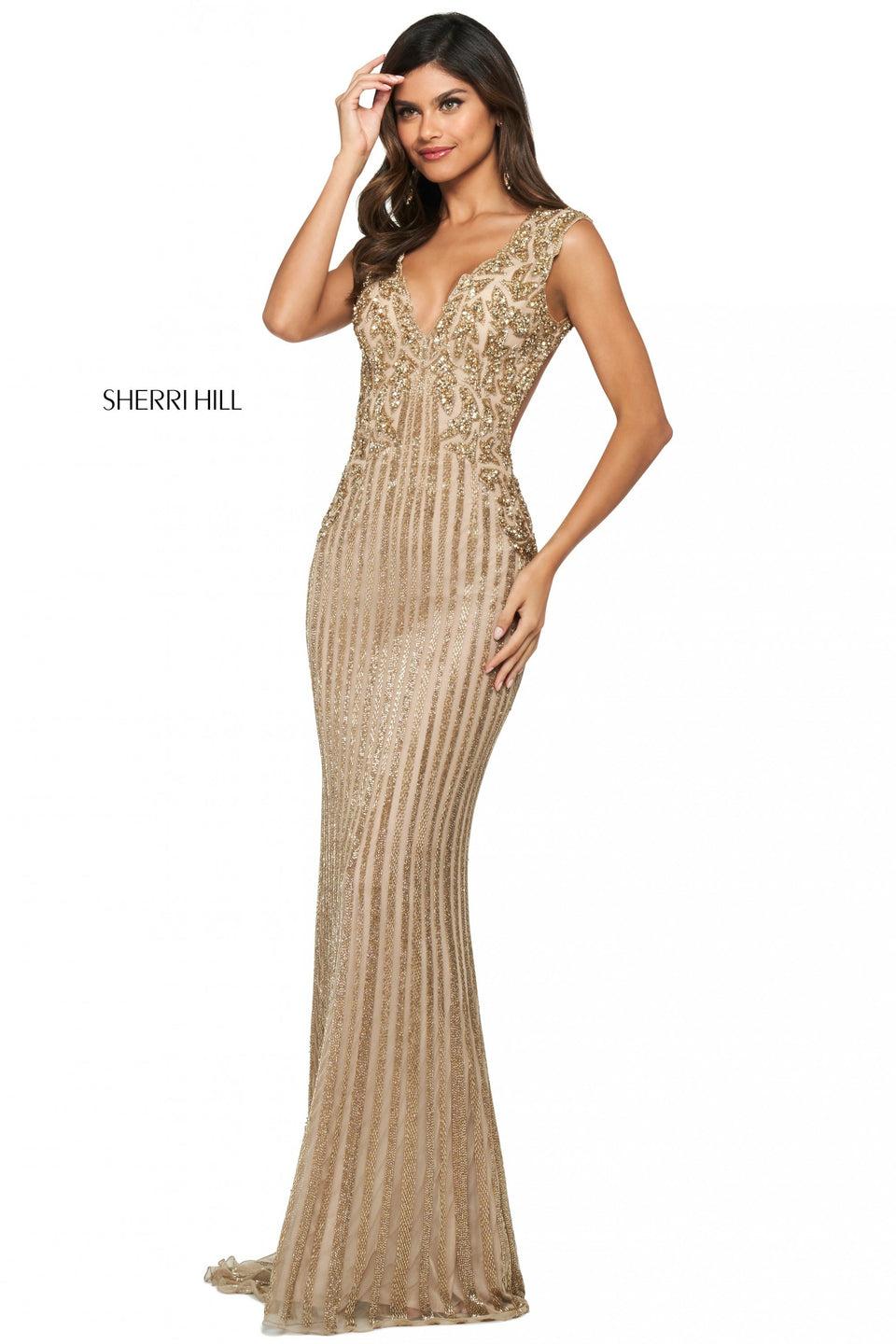 Sherri Hill Pattern Beaded Column Dress With V Neckline And Open Back