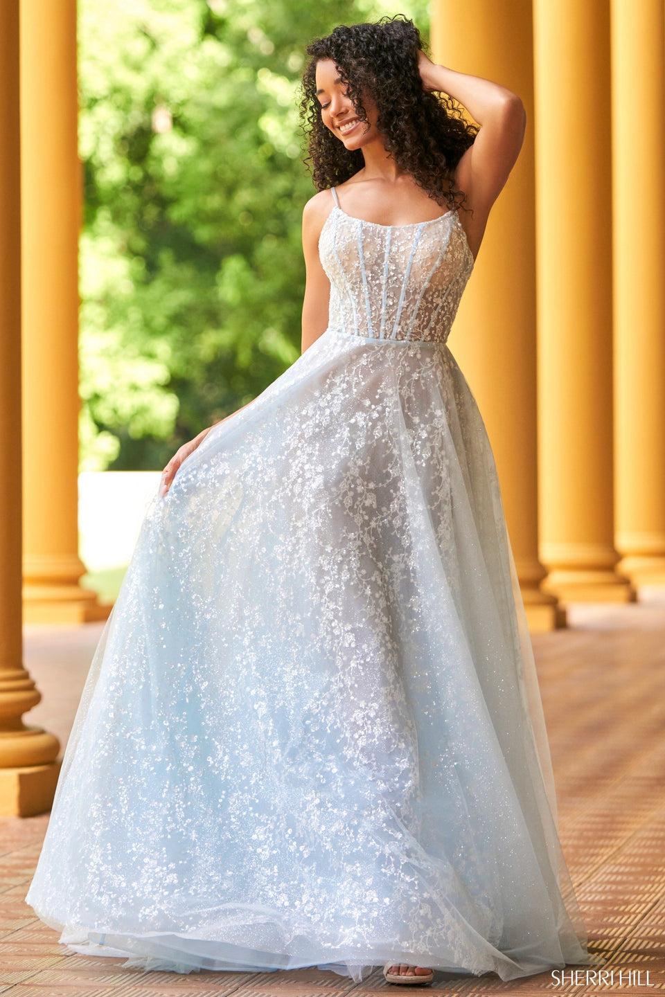 sherri hill Patterned A-line gown with a boned bodice and lace up back