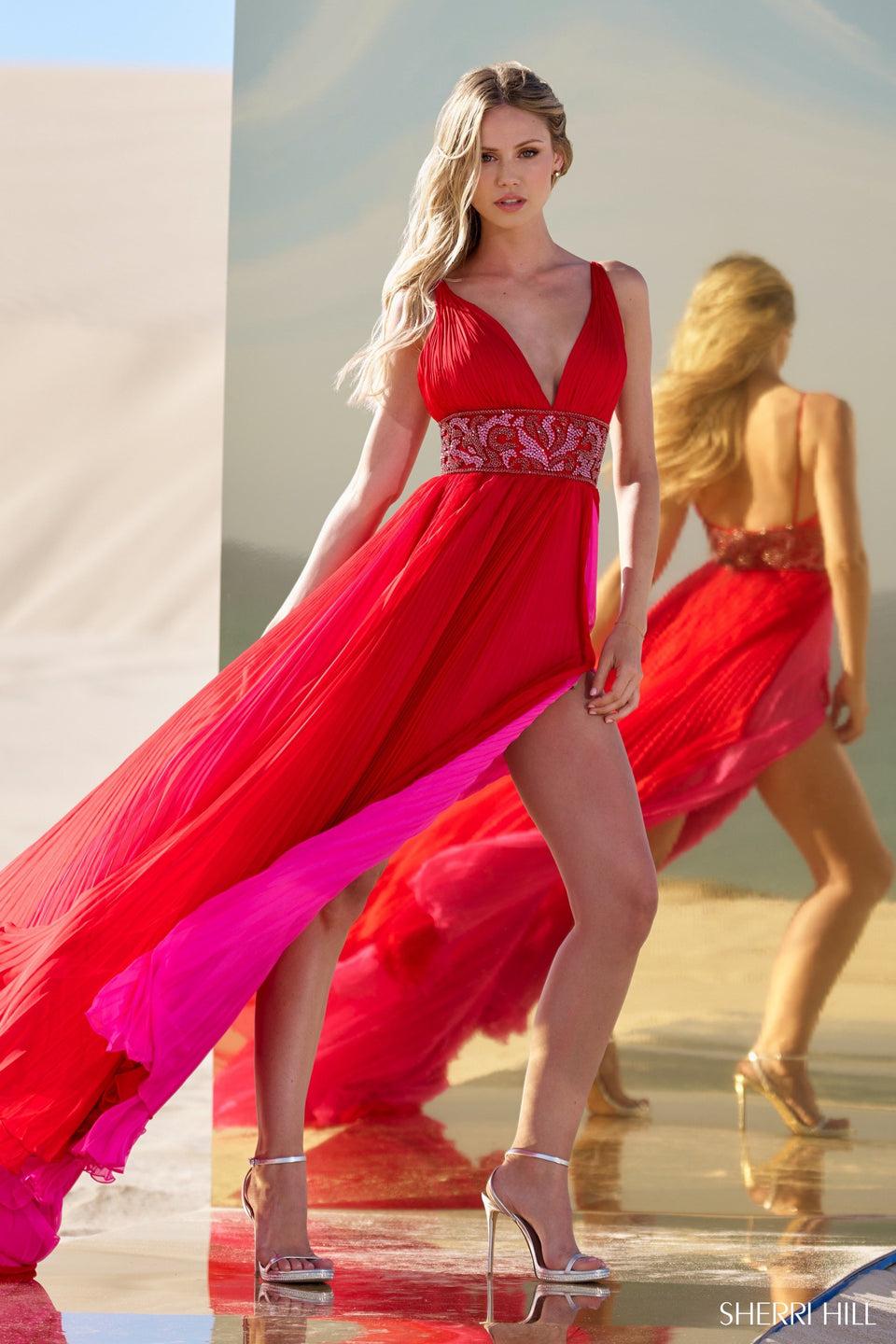 Sherri Hill Pleated Chiffon Gown With Beaded Waistband And Skirt Slit