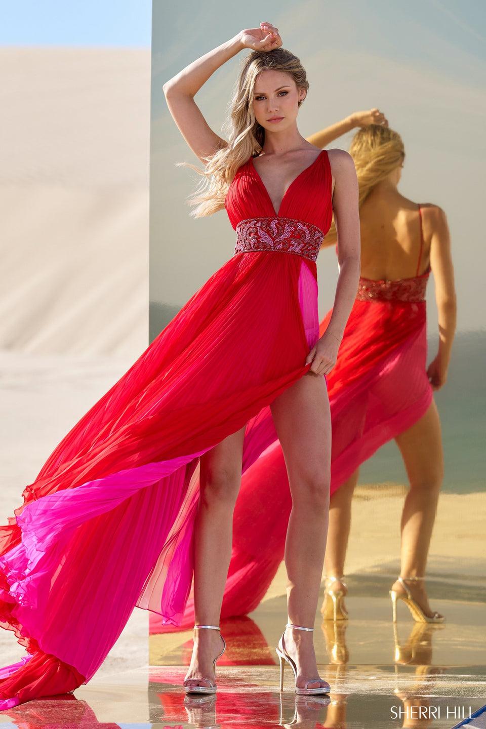 sherri hill Pleated chiffon gown with beaded waistband and skirt slit
