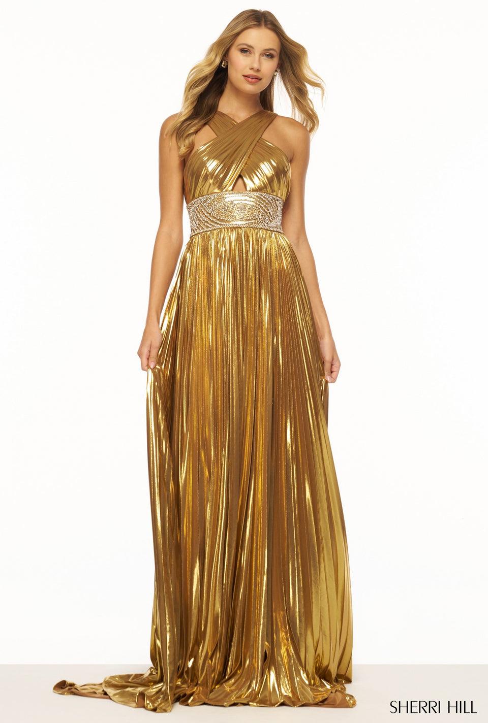 Sherri Hill Pleated Metallic Gown With Criss Cross Neckline Beaded Waist And Skirt Slit