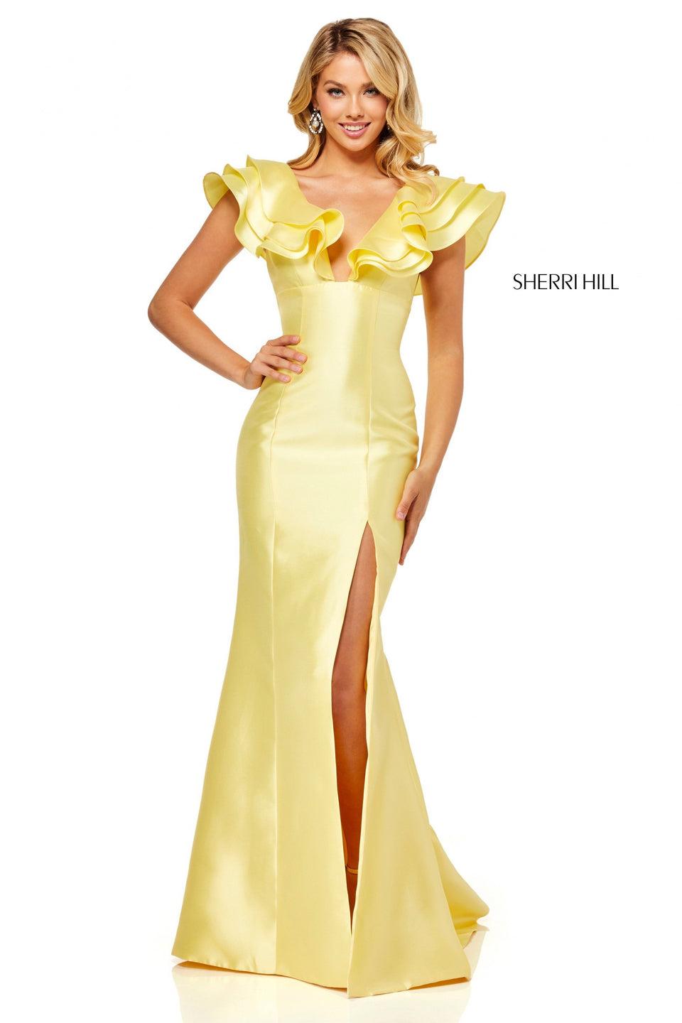 Sherri Hill Plunging Neckline Mikado Dress With Side Slit And Ruffle Sleeves
