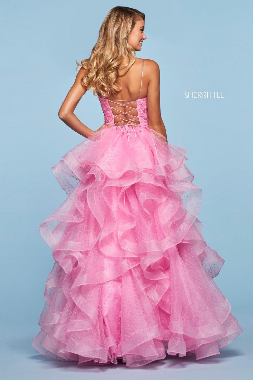 Sherri Hill Point D'esprit Ruffle Ball Gown With Beaded Lace Bodice With Lace Up Back