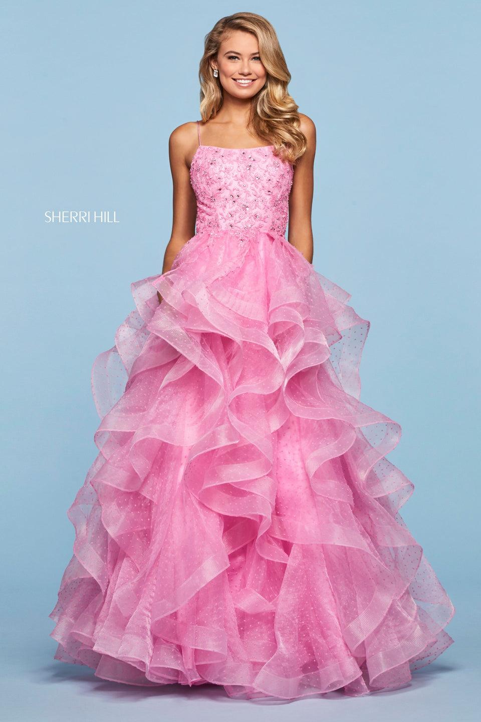 Sherri Hill Point D'esprit Ruffle Ball Gown With Beaded Lace Bodice With Lace Up Back