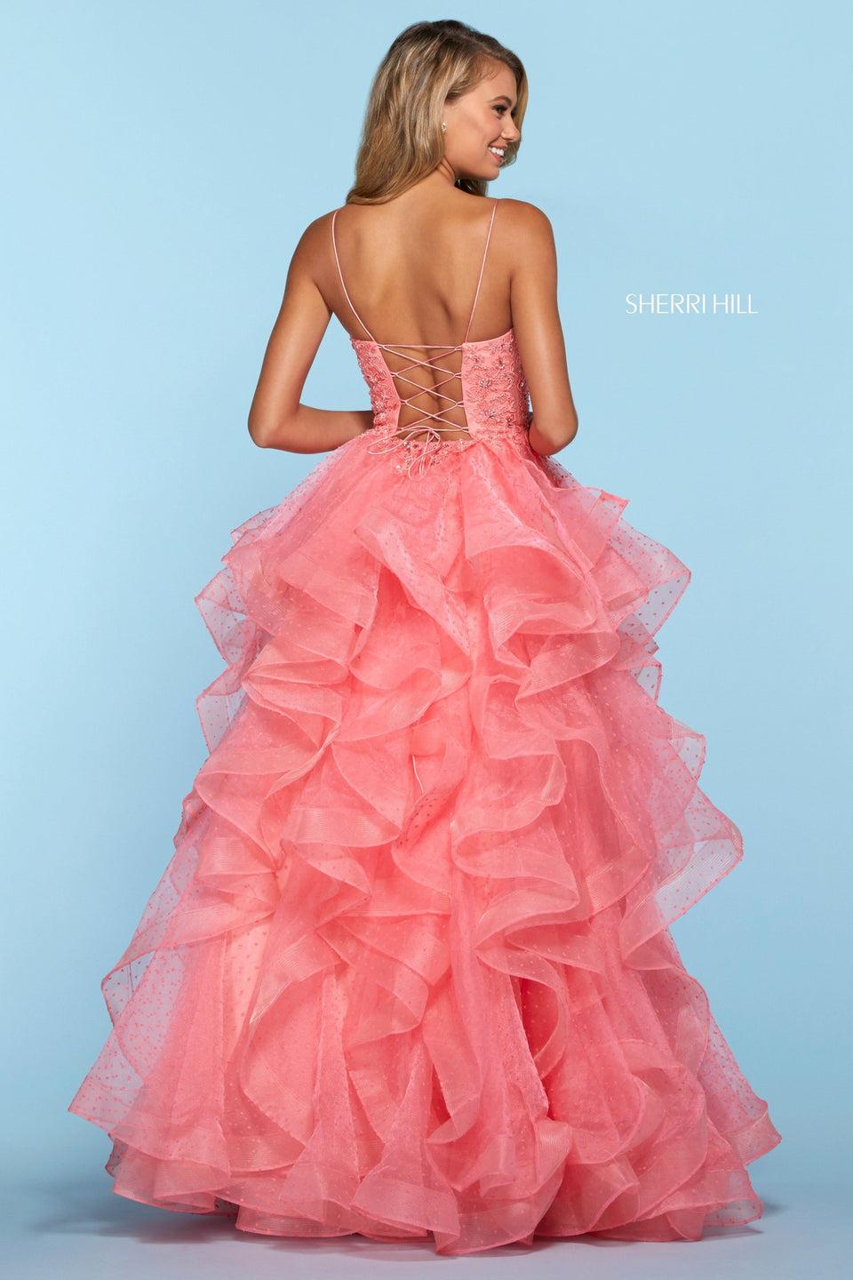Sherri Hill Point D'esprit Ruffle Ball Gown With Beaded Lace Bodice With Lace Up Back