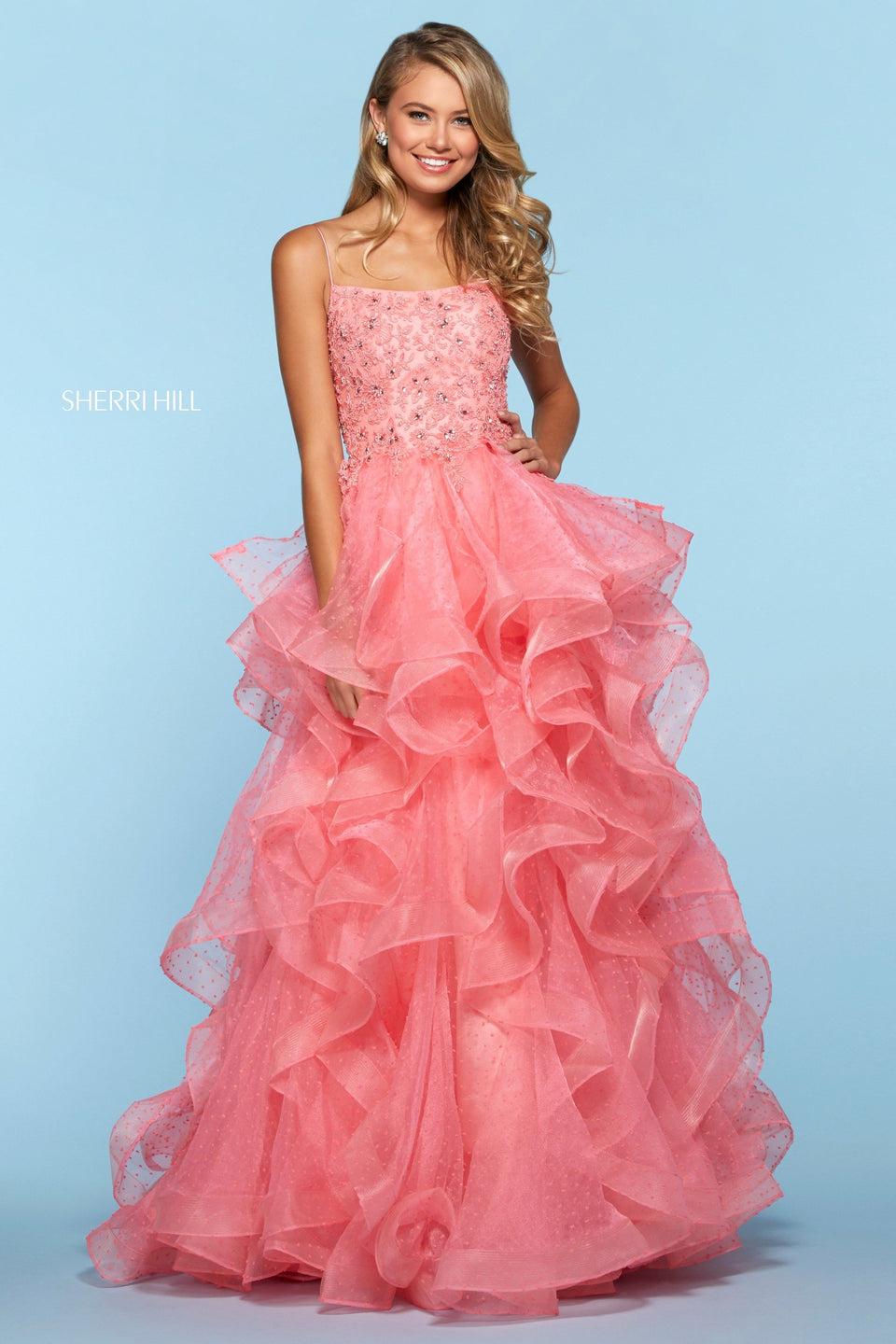sherri hill Point d'esprit ruffle ball gown with beaded lace bodice with lace up back
