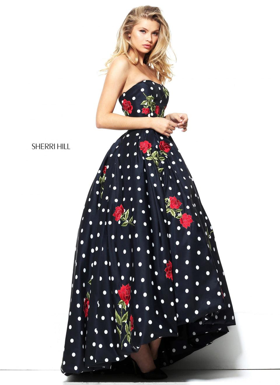 sherri hill Polka dot and flower appliqued Audrey length gown