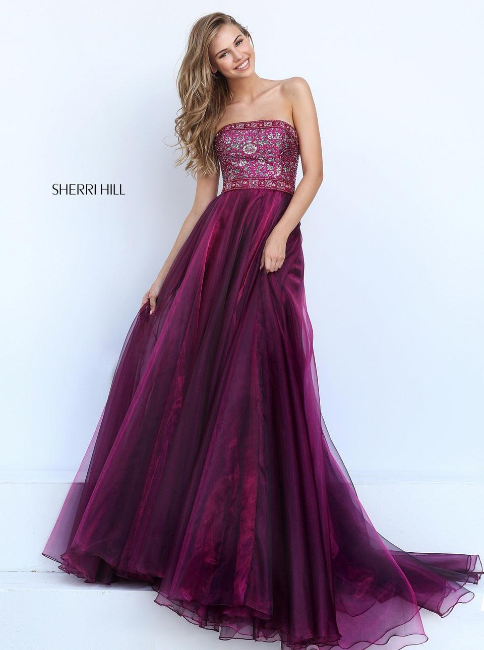 sherri hill Printed strapless beaded bodice with A-line organza skirt