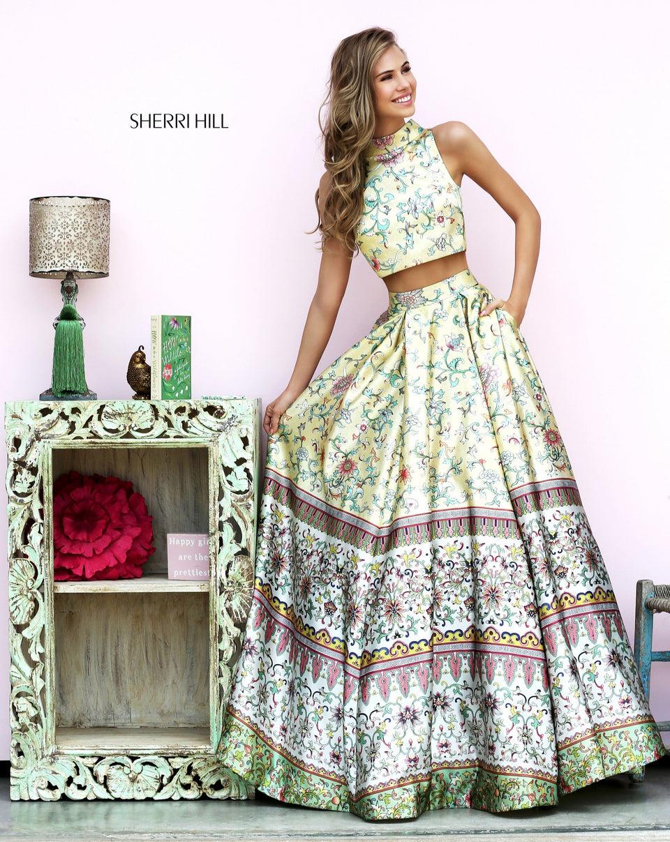 sherri hill Printed two-piece ball gown with turtle neck bodice