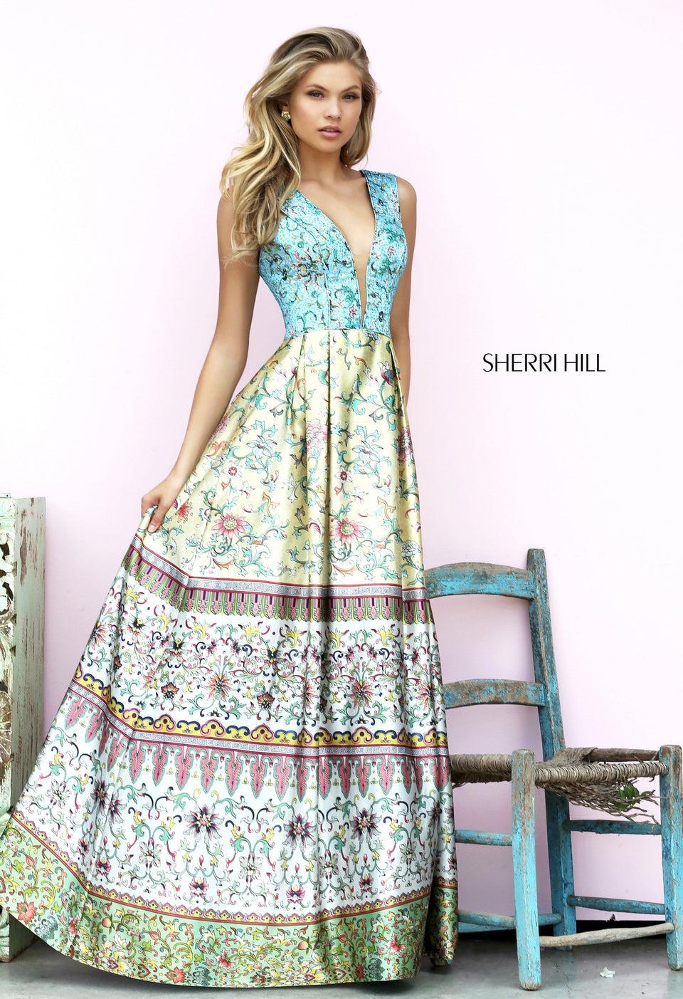Sherri Hill Printed V Neck Tank Bodice With A-line Skirt