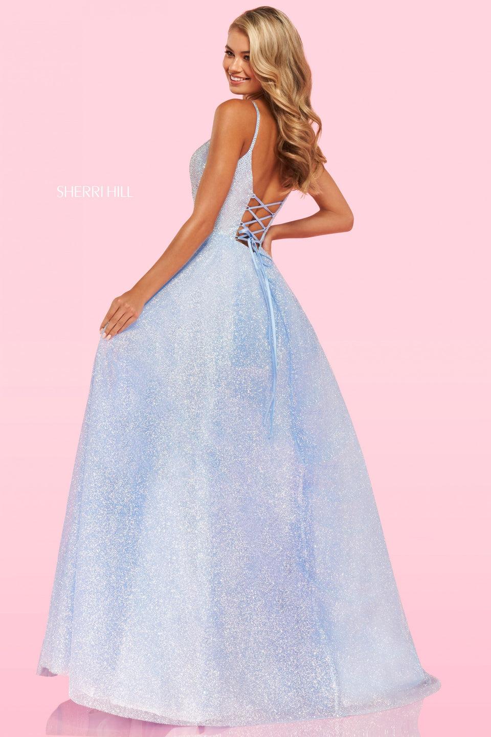 Sherri Hill Rhinestone Embellished Deep V Neckline Bodice With Glitter Organza Ball Gown Skirt And Crochet Style Lace Up Back