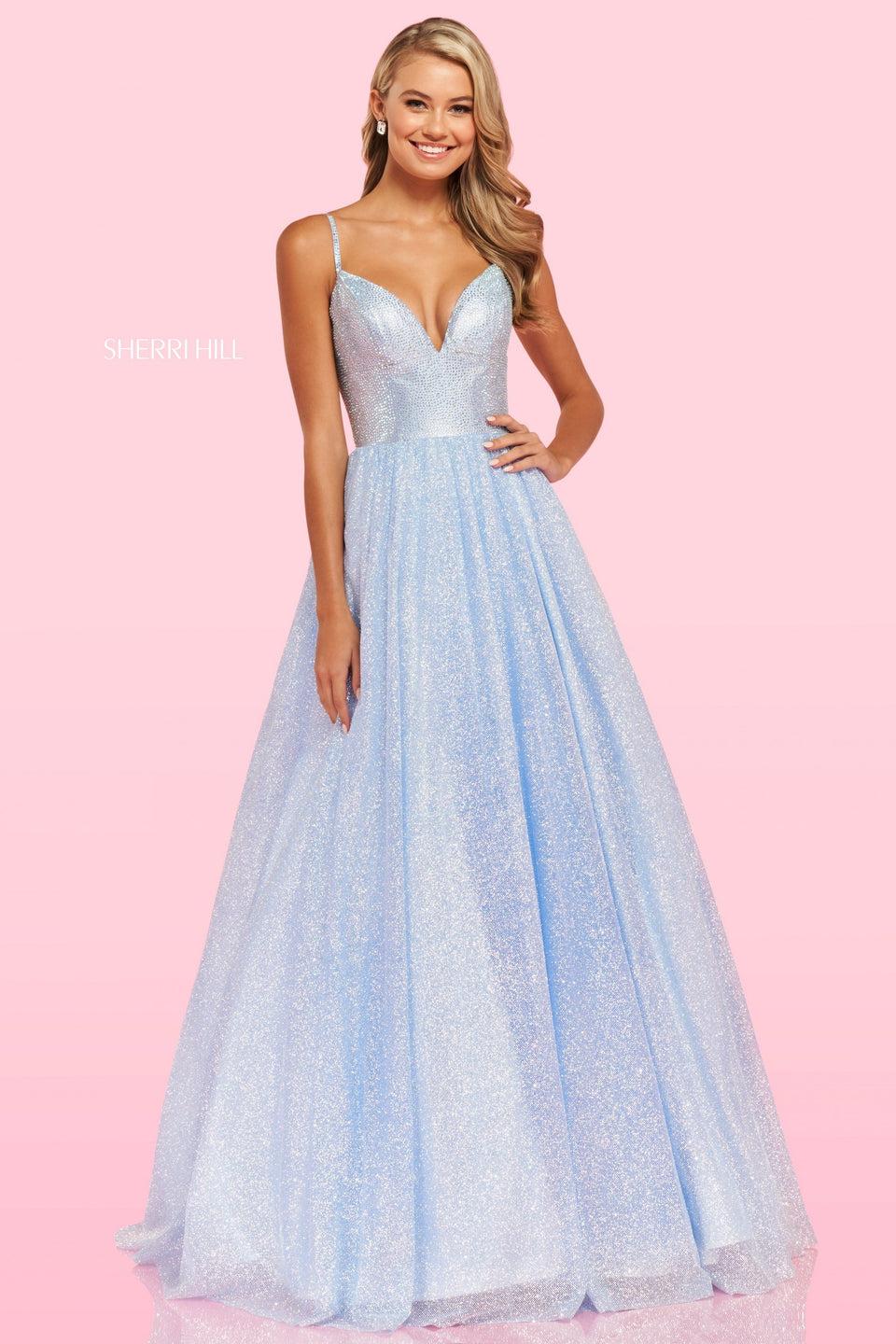 sherri hill Rhinestone embellished deep V neckline bodice with glitter organza ball gown skirt and crochet style lace up back