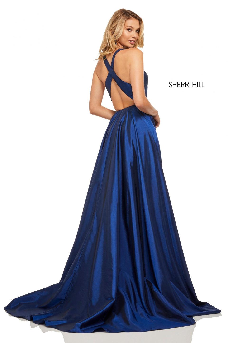 Sherri Hill Rich Metallic A-line With Skirt Slit Deep-V Neckline And Criss-cross Back
