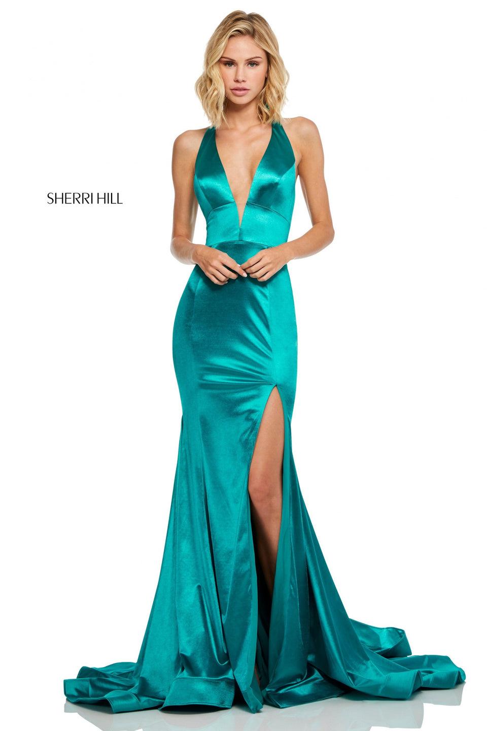 Sherri Hill Rich Metallic Fit-and-flare Dress With Plunging Halter Neckline And Slit Skirt