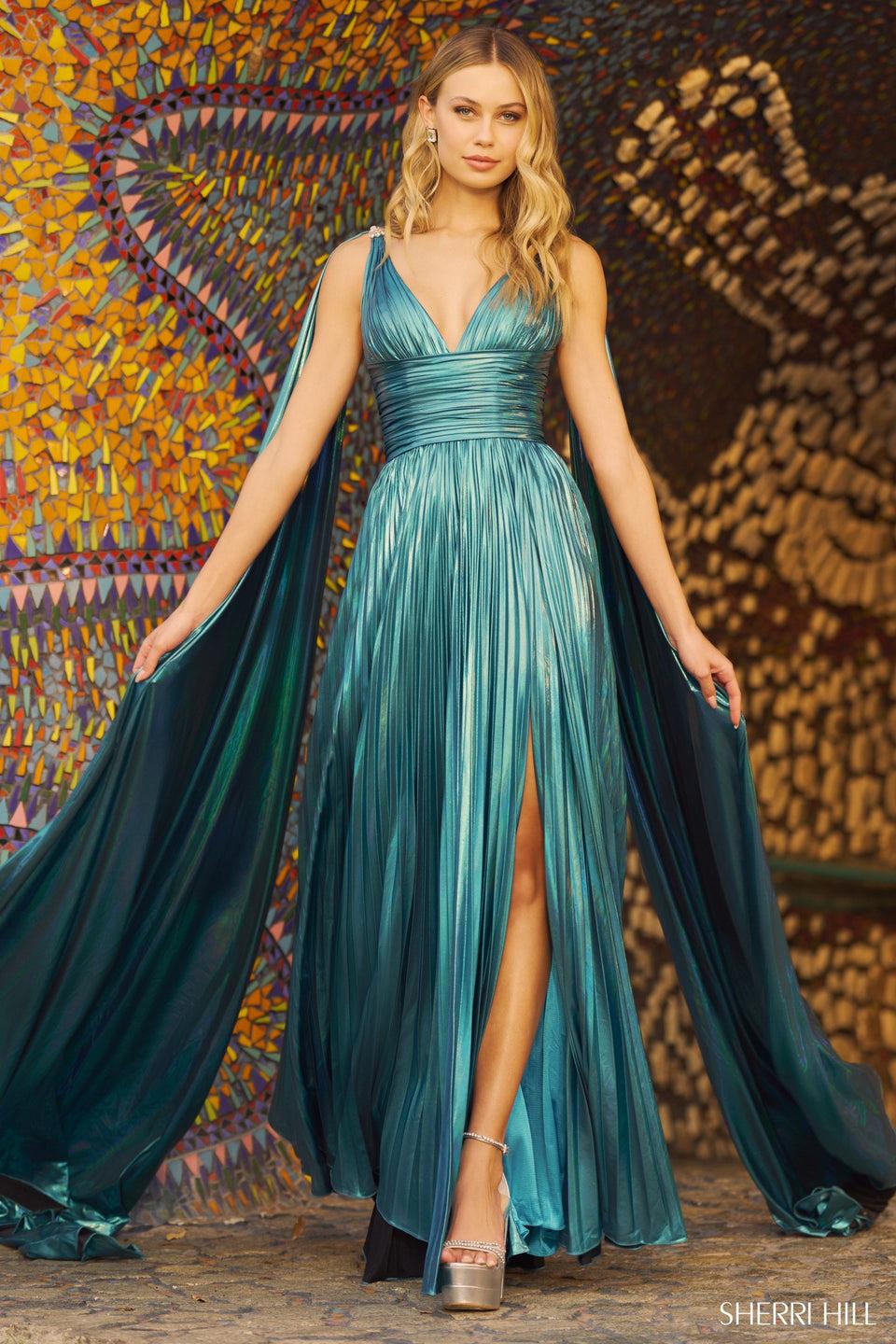 Sherri Hill Rich Metallic Pleated A-line Gown With Cape And Skirt Slit