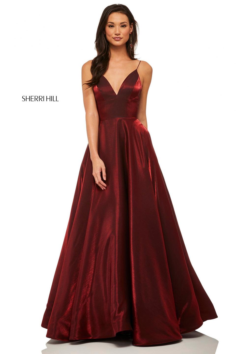 Sherri Hill Rich Metallic Satin A-line Dress With V Neckline And Spaghetti Straps