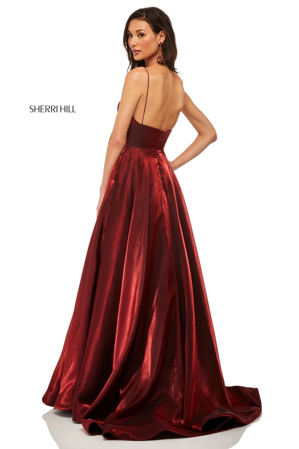 Sherri Hill Rich Metallic Satin A-line Dress With V Neckline And Spaghetti Straps
