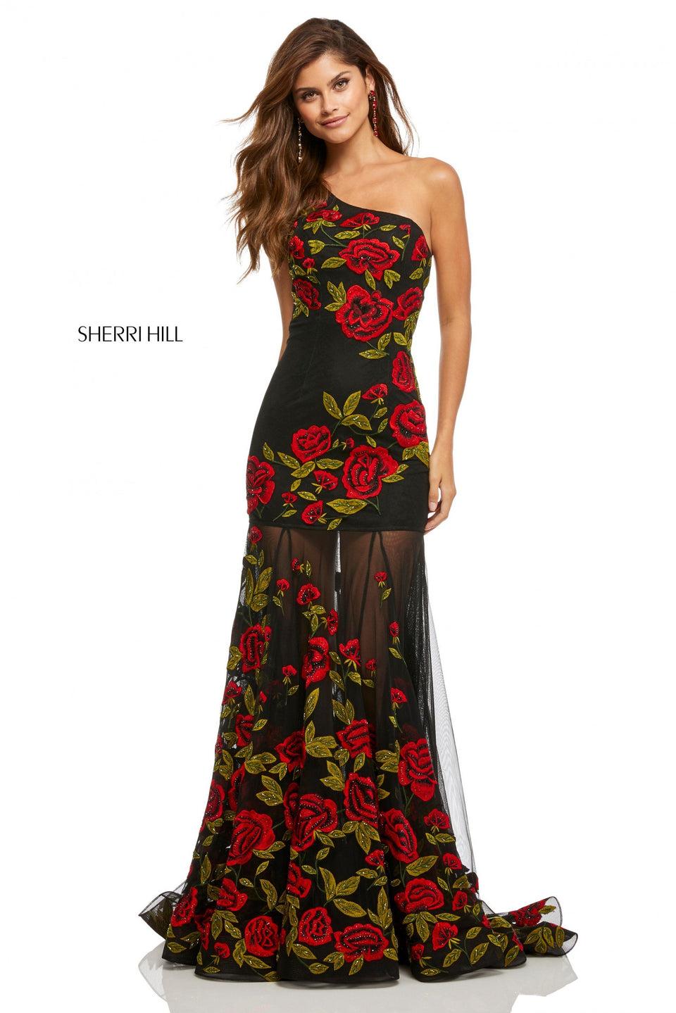 Sherri Hill Rose Embroidered One-shoulder Mermaid With Sheer Bottom