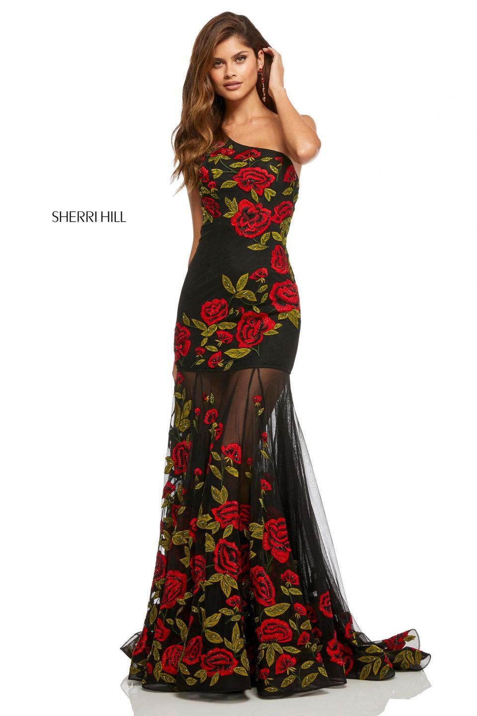 sherri hill Rose embroidered one-shoulder mermaid with sheer bottom