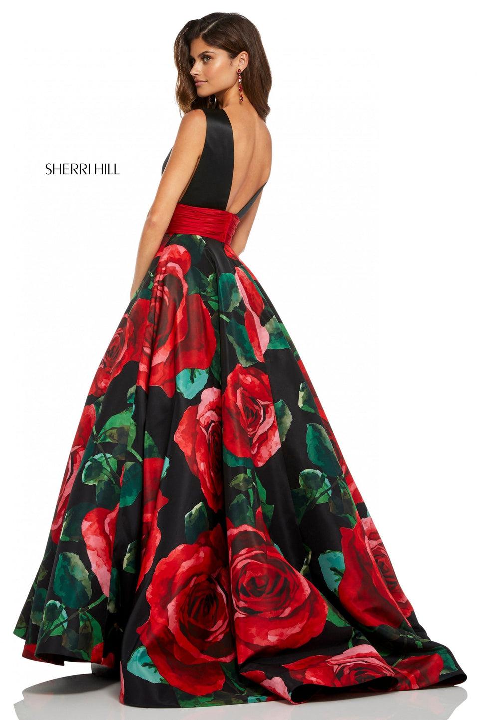 Sherri Hill Rose Print Satin Ball Gown With A Deep-V Bodice And Sides