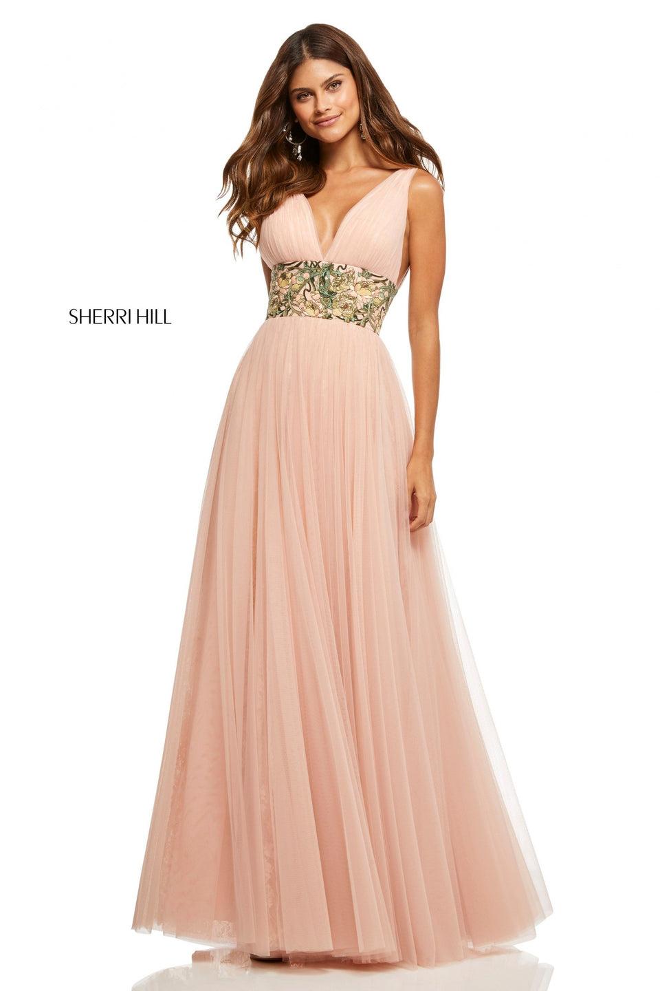 sherri hill Ruched tulle and lace A-line with embroidered waistband