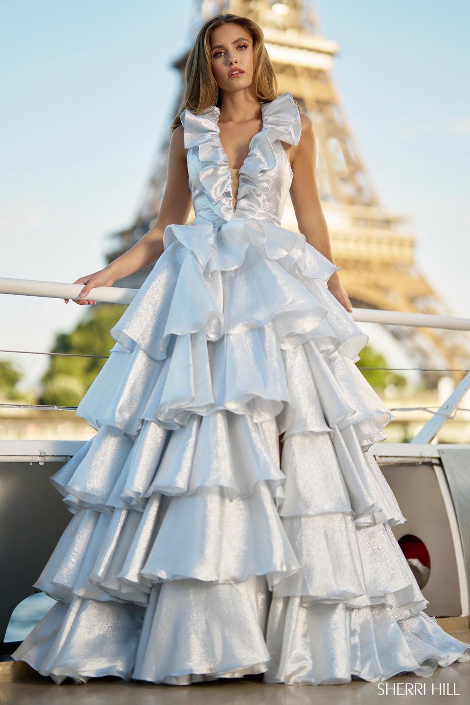 Sherri Hill Ruffle Ball Gown With Deep V Neckline And Open Back