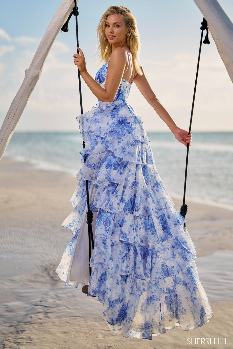 sherri hill Ruffle chiffon A-Line gown with skirt slit and taffeta bodice sherri hill Ruffle chiffon A-Line gown with skirt slit and taffeta bodice
