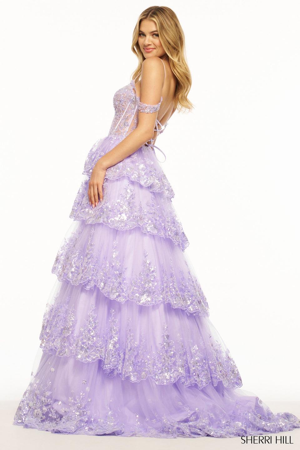 Sherri Hill Ruffle Sequin Tulle Ball Gown With Sheer Corset Bodice And Lace Up Back