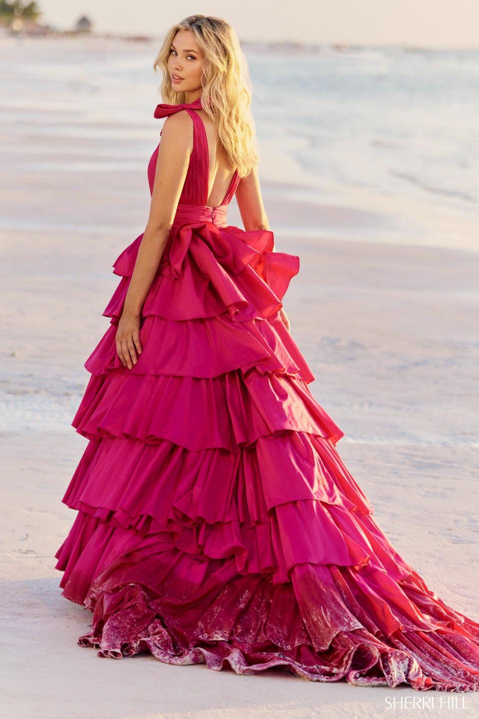 sherri hill Ruffle taffeta ball gown with bow sleeves and skirt slit