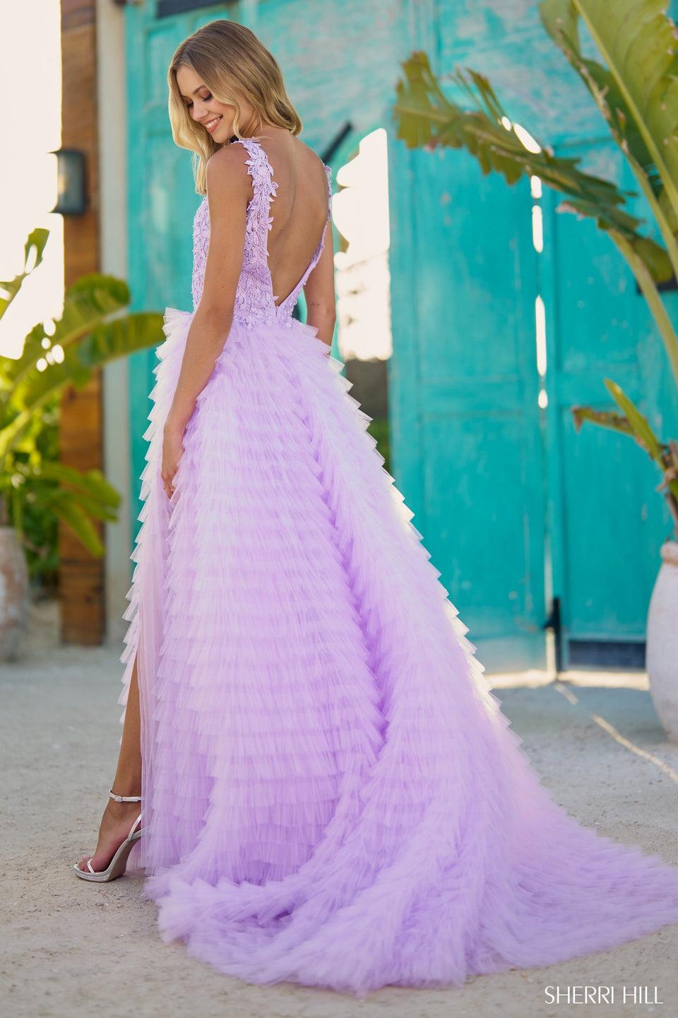 Sherri Hill Ruffle Tulle Ball Gown With Leaf Lace Bodice V-Neckline And Skirt Slit