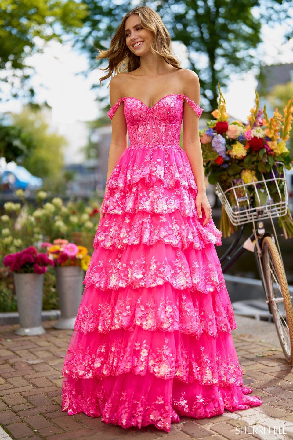 Sherri Hill Ruffle Tulle Lace Sequin Ball Gown With Sheer Corset Bodice Sweetheart Neckline Off The Shoulder Straps And Lace Up Back