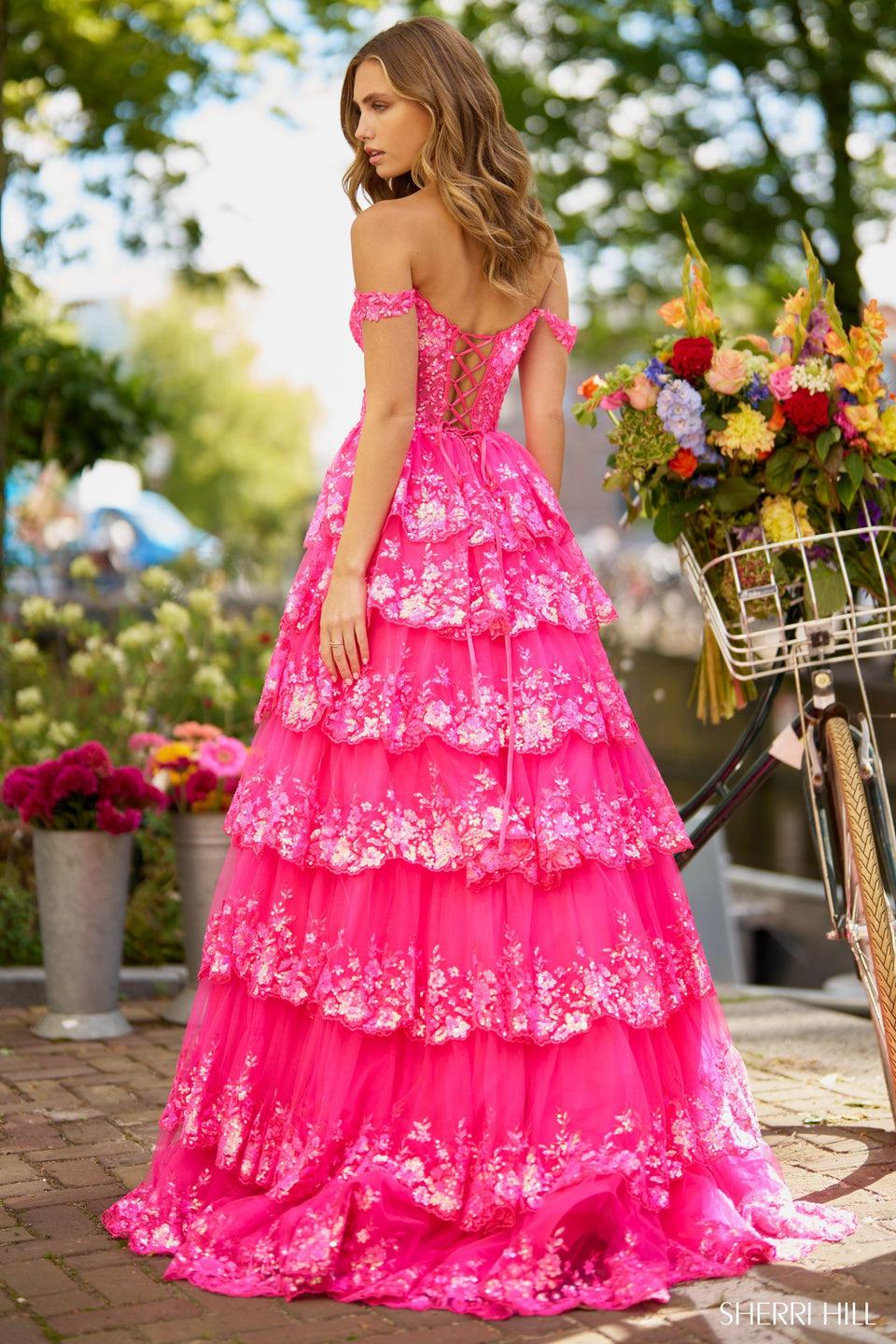 Sherri Hill Ruffle Tulle Lace Sequin Ball Gown With Sheer Corset Bodice Sweetheart Neckline Off The Shoulder Straps And Lace Up Back