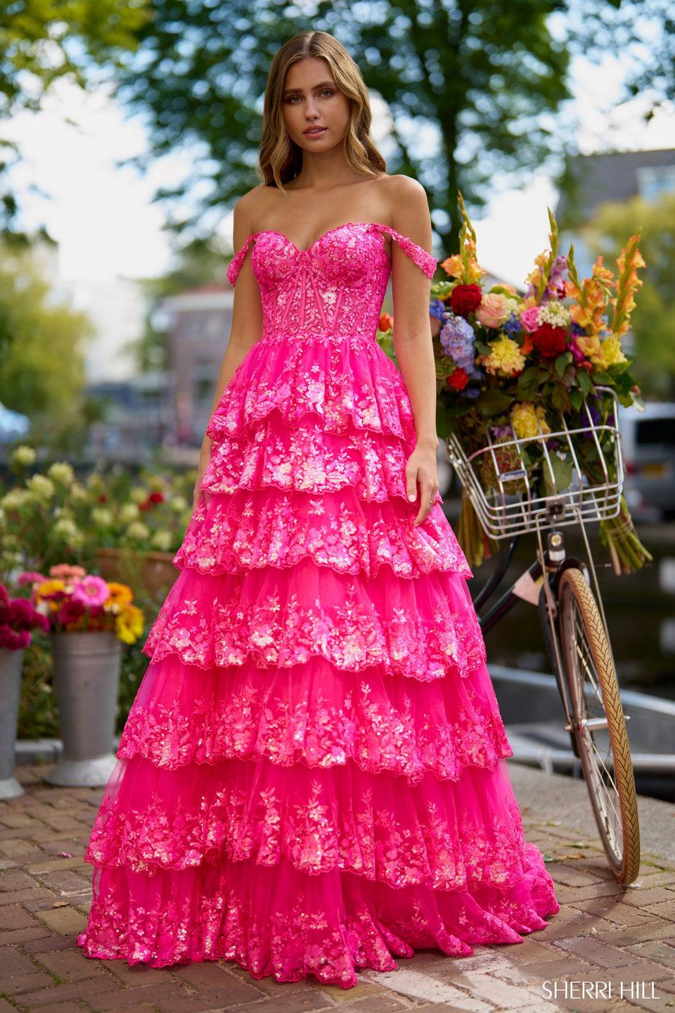 sherri hill Ruffle tulle lace sequin ball gown with sheer corset bodice sweetheart neckline off the shoulder straps and lace up back