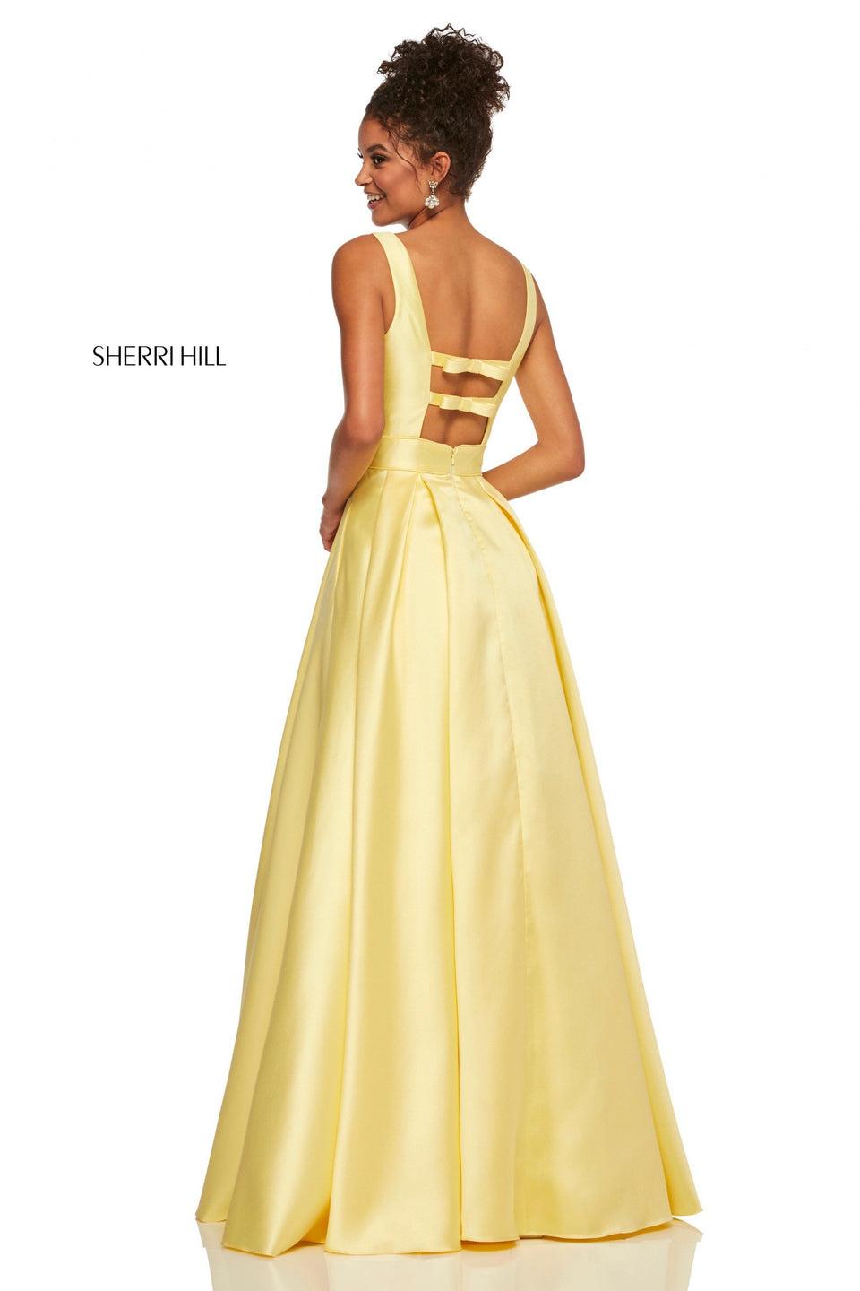 Sherri Hill Satin A-line Dress With Plunging Neckline And Back Straps With Bows