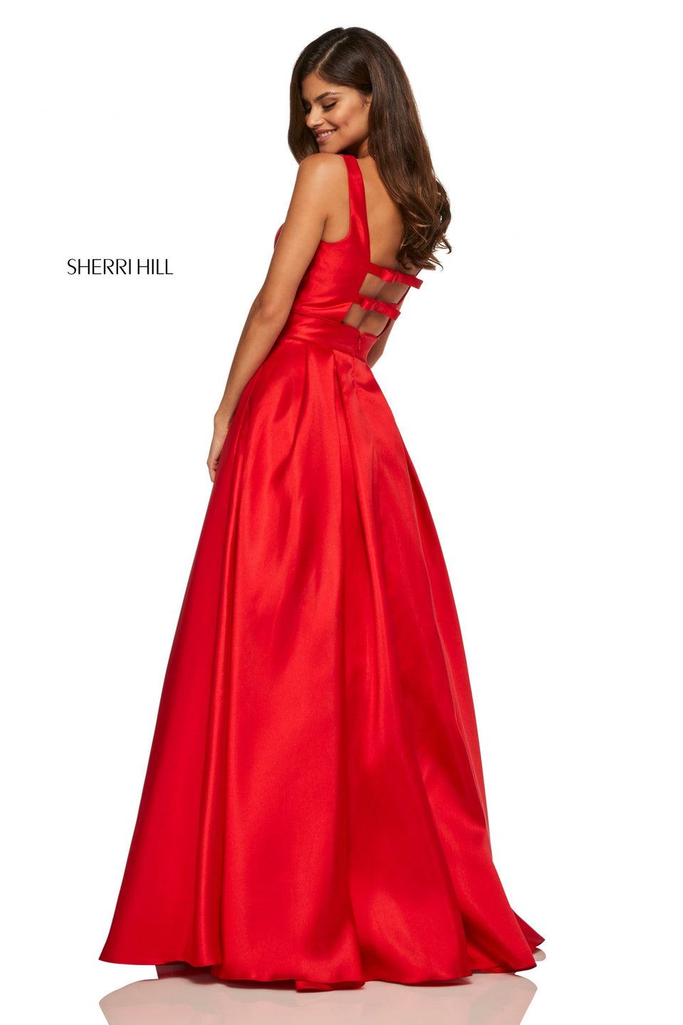 sherri hill Satin A-line dress with plunging neckline and back straps with bows