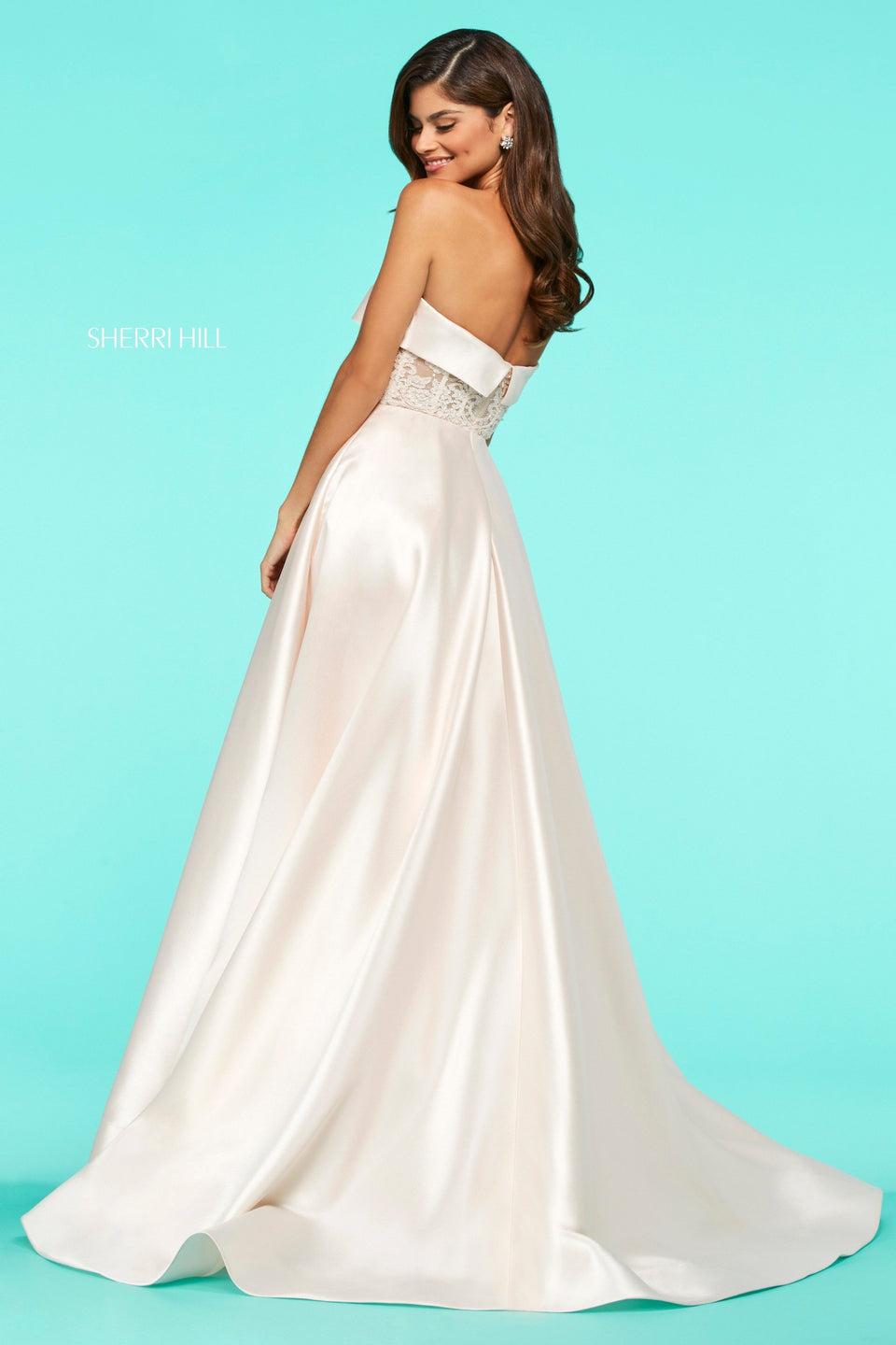 Sherri Hill Satin A-line Dress With Strapless Neckline Sheer Lace Boned Bodice With Thick Satin Trim And Skirt Slit