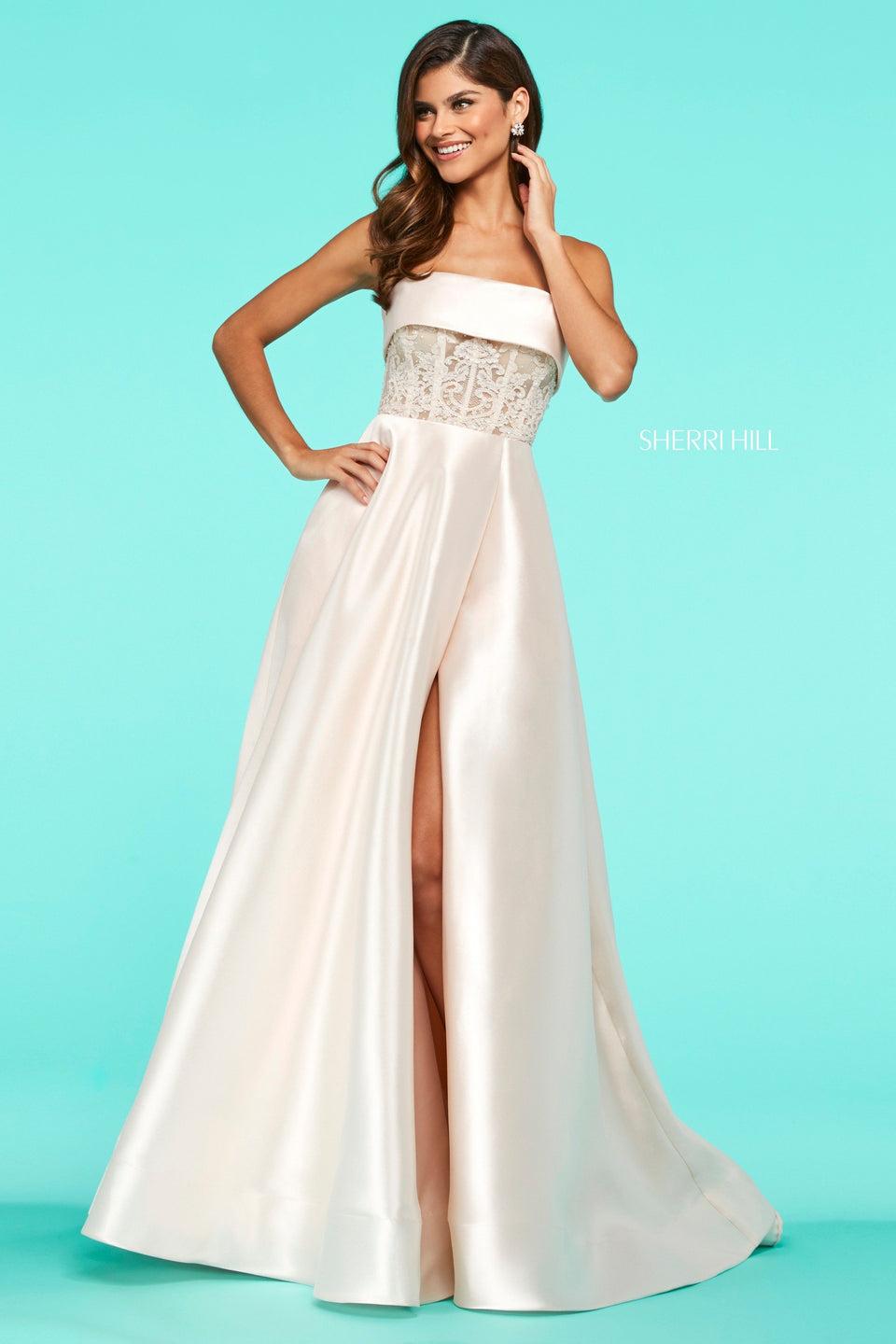 sherri hill Satin A-line dress with strapless neckline sheer lace boned bodice with thick satin trim and skirt slit