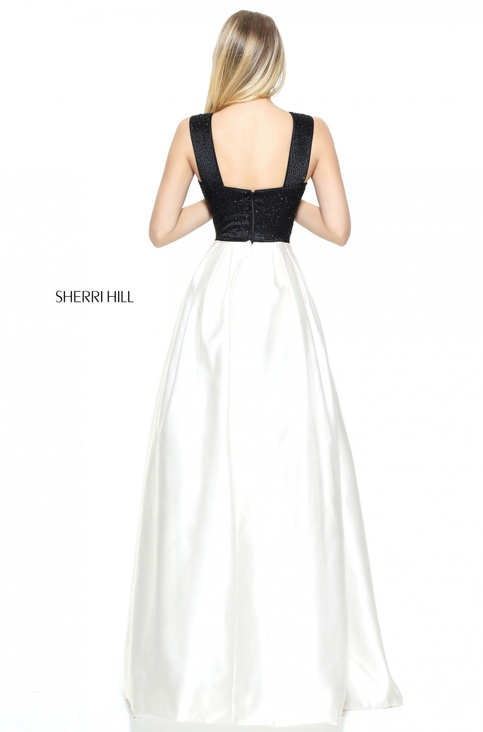 Sherri Hill Satin A-line Gown With A Beaded Deep V Neckline Bodice