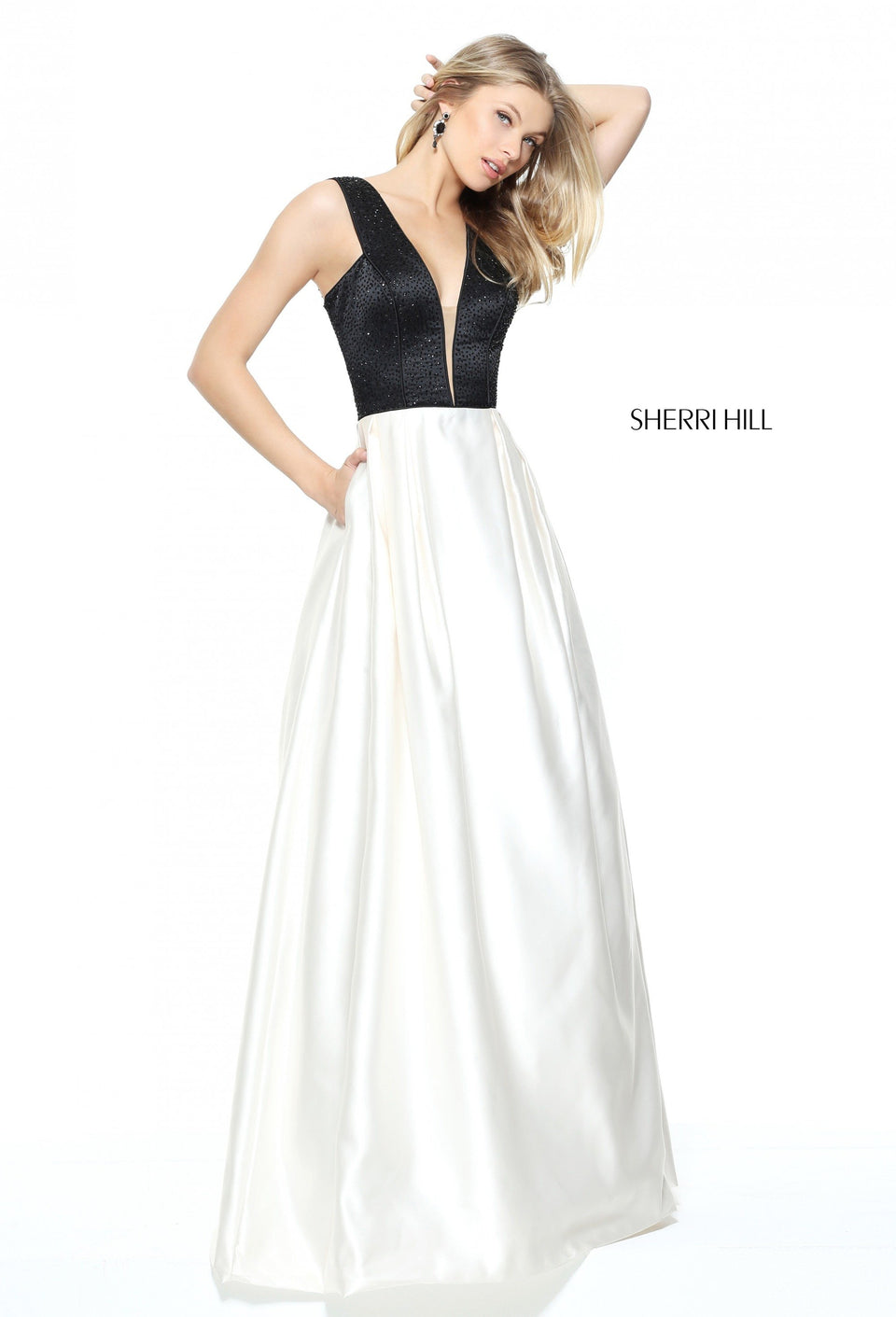 sherri hill Satin A-line gown with a beaded deep V neckline bodice