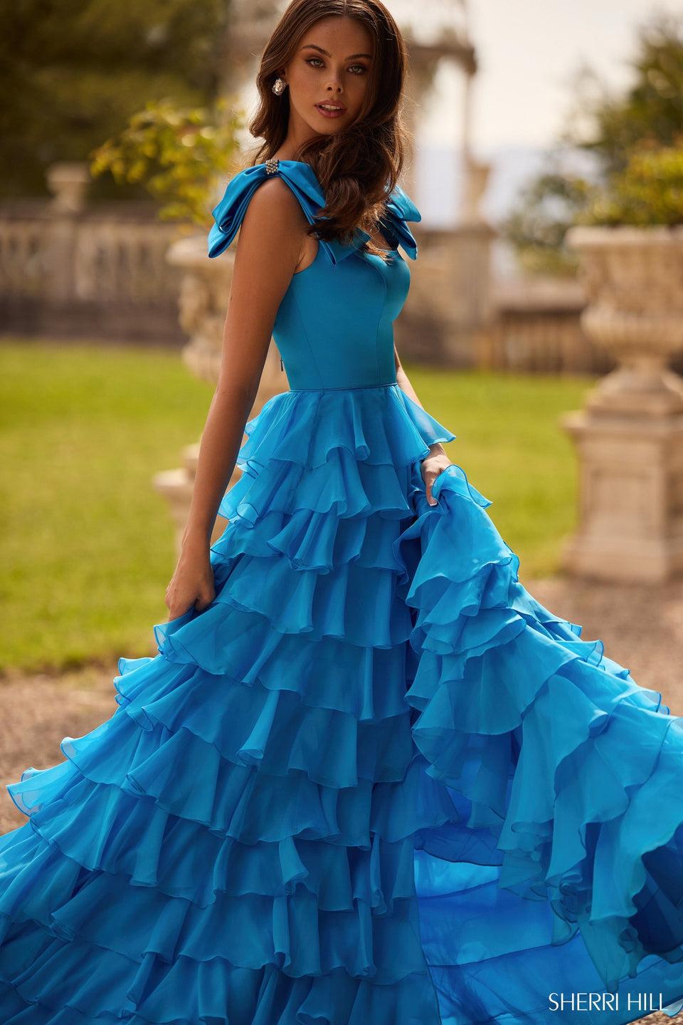 Sherri Hill Satin A-Line Gown With Bow Straps And Chiffon Ruffle Skirt With High Slit