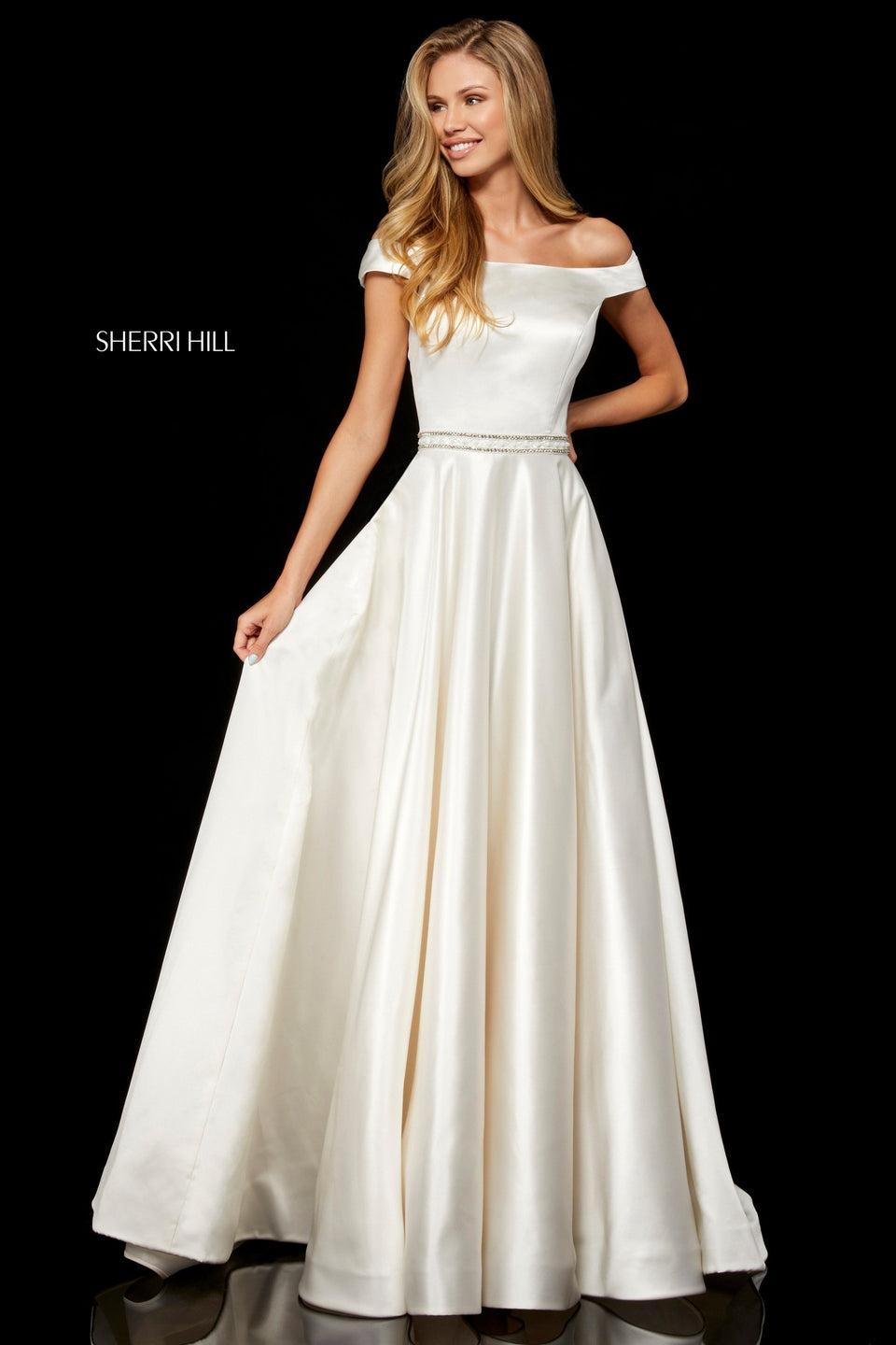 Sherri Hill Satin A-line Gown With Off-the-shoulder Bodice And Beaded Waist Band