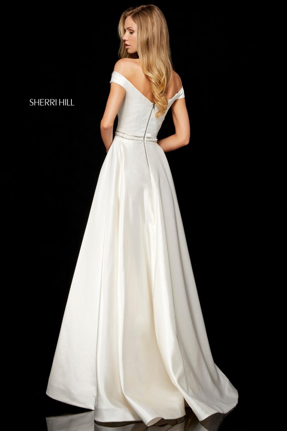 Sherri Hill Satin A-line Gown With Off-the-shoulder Bodice And Beaded Waist Band