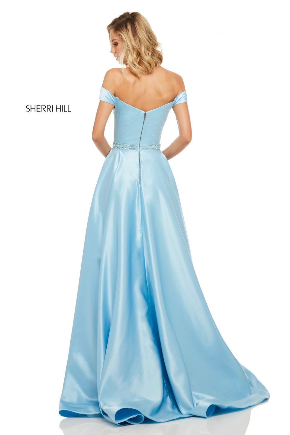 Sherri Hill Satin A-line Gown With Off-the-shoulder Bodice And Beaded Waist Band