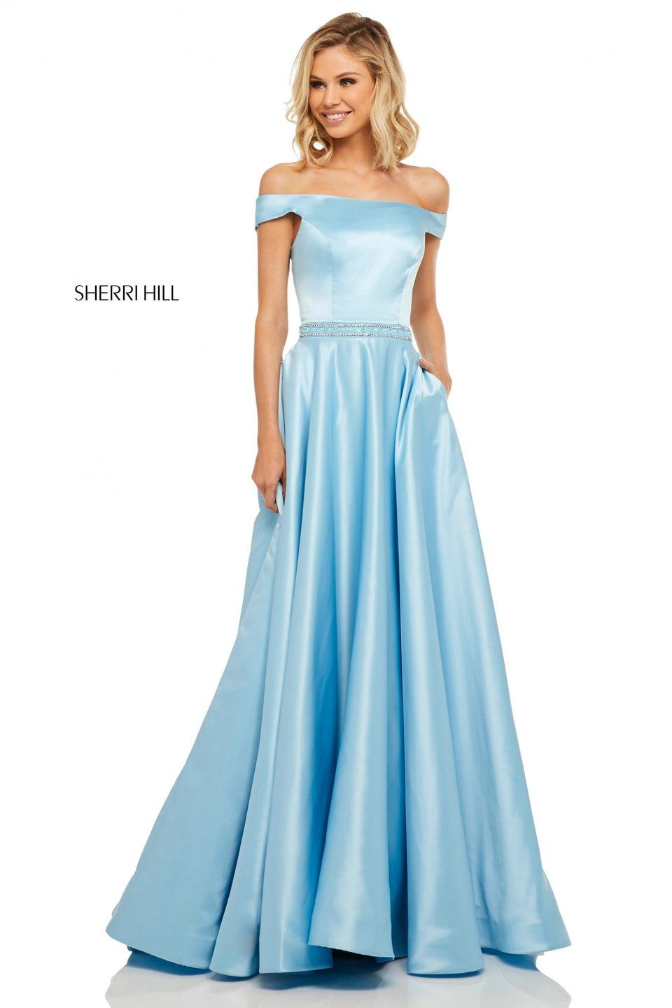 sherri hill Satin A-line gown with off-the-shoulder bodice and beaded waist band