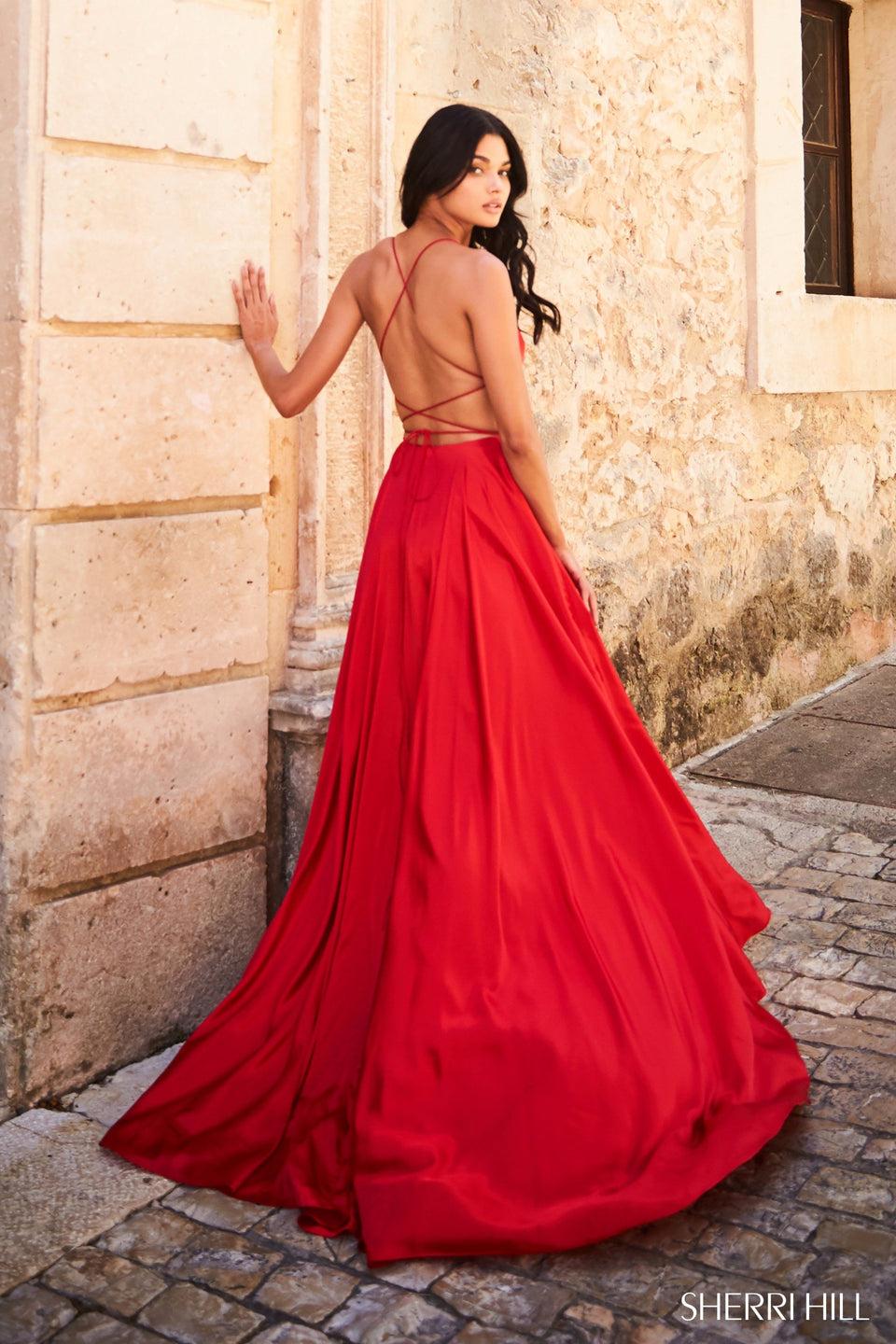 sherri hill Satin A-line gown with strappy lace up back and high skirt slit