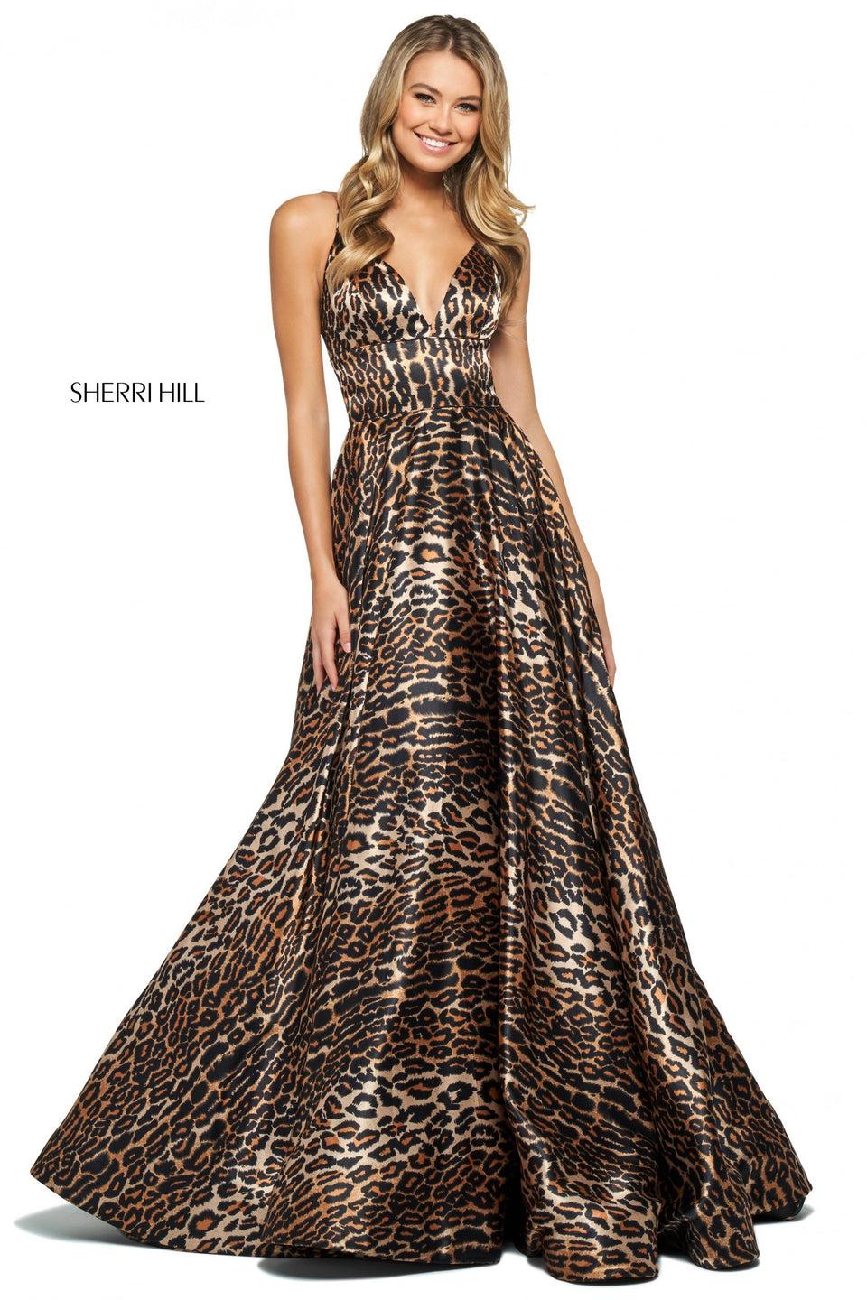 Sherri Hill Satin A-line Gown With V Neckline And Wide Loop Lace Up Back
