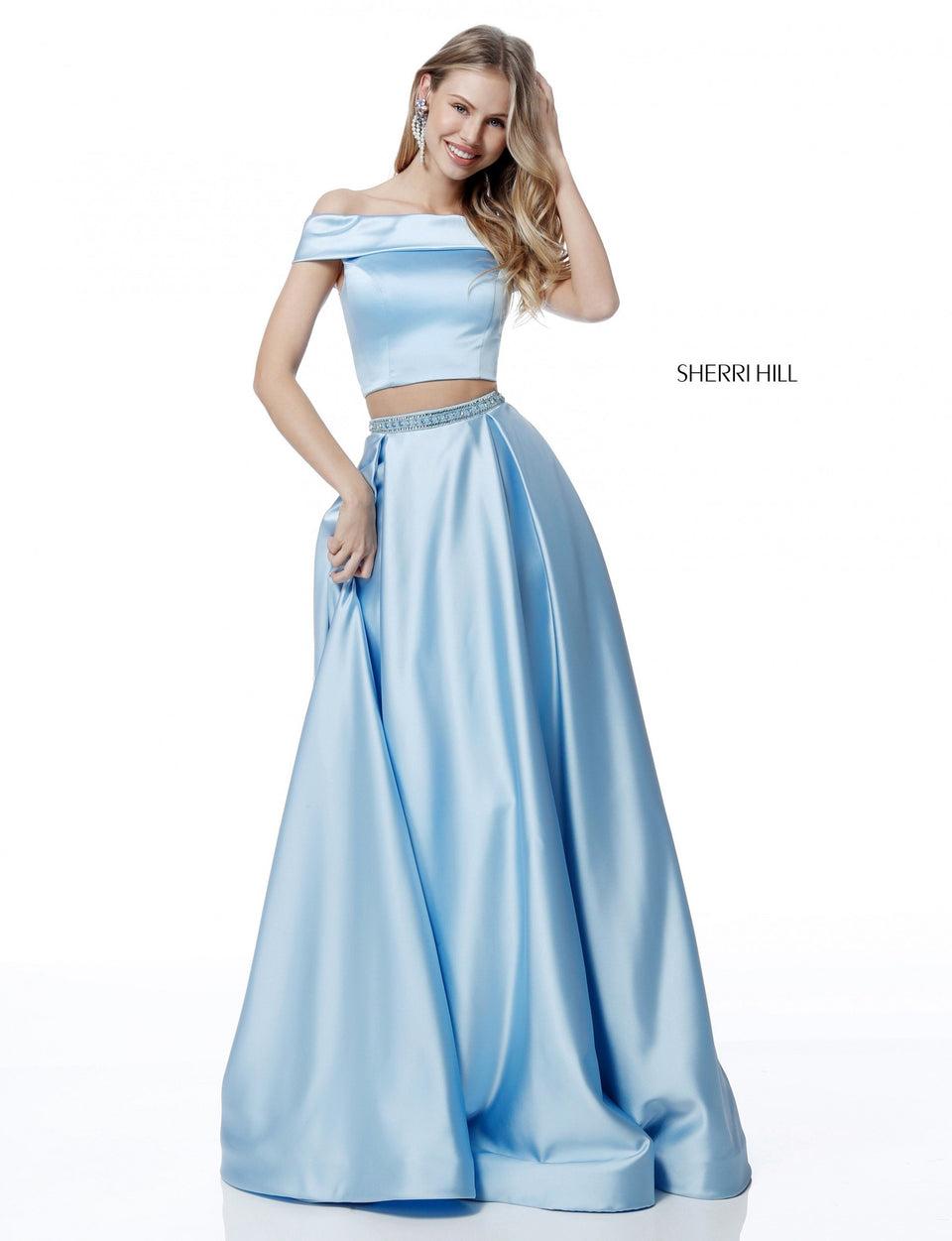 Sherri Hill Satin A-line Two Piece With Off-the-shoulder Bodice And Bead Encrusted Belt
