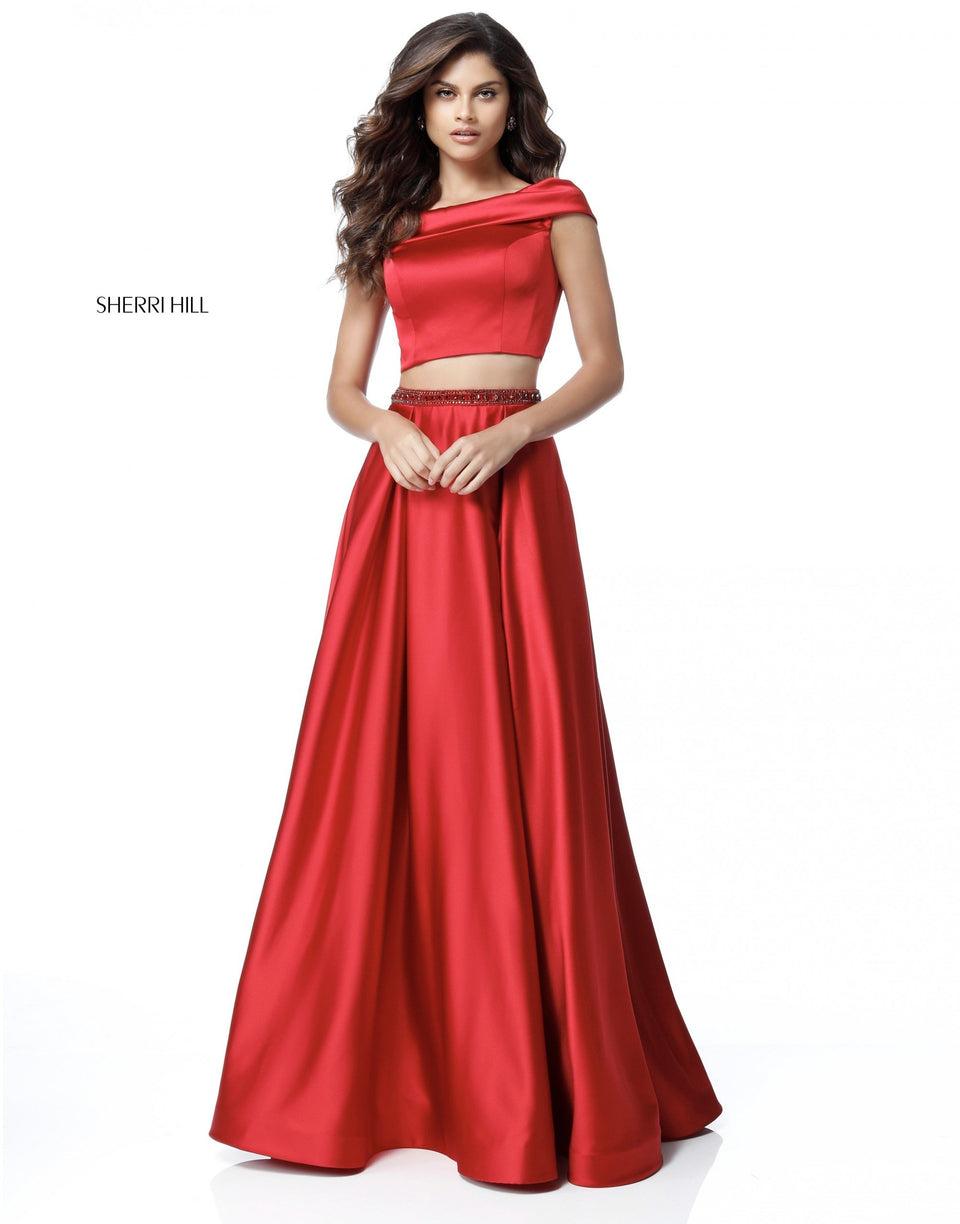 sherri hill Satin A-line two piece with off-the-shoulder bodice and bead encrusted belt