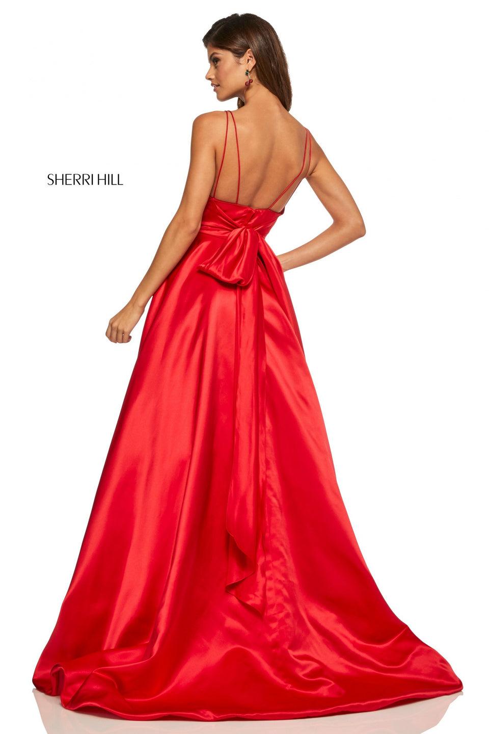 Sherri Hill Satin A-line With A Pleated Bust Line Bodice Skirt Pockets And Bow In The Back